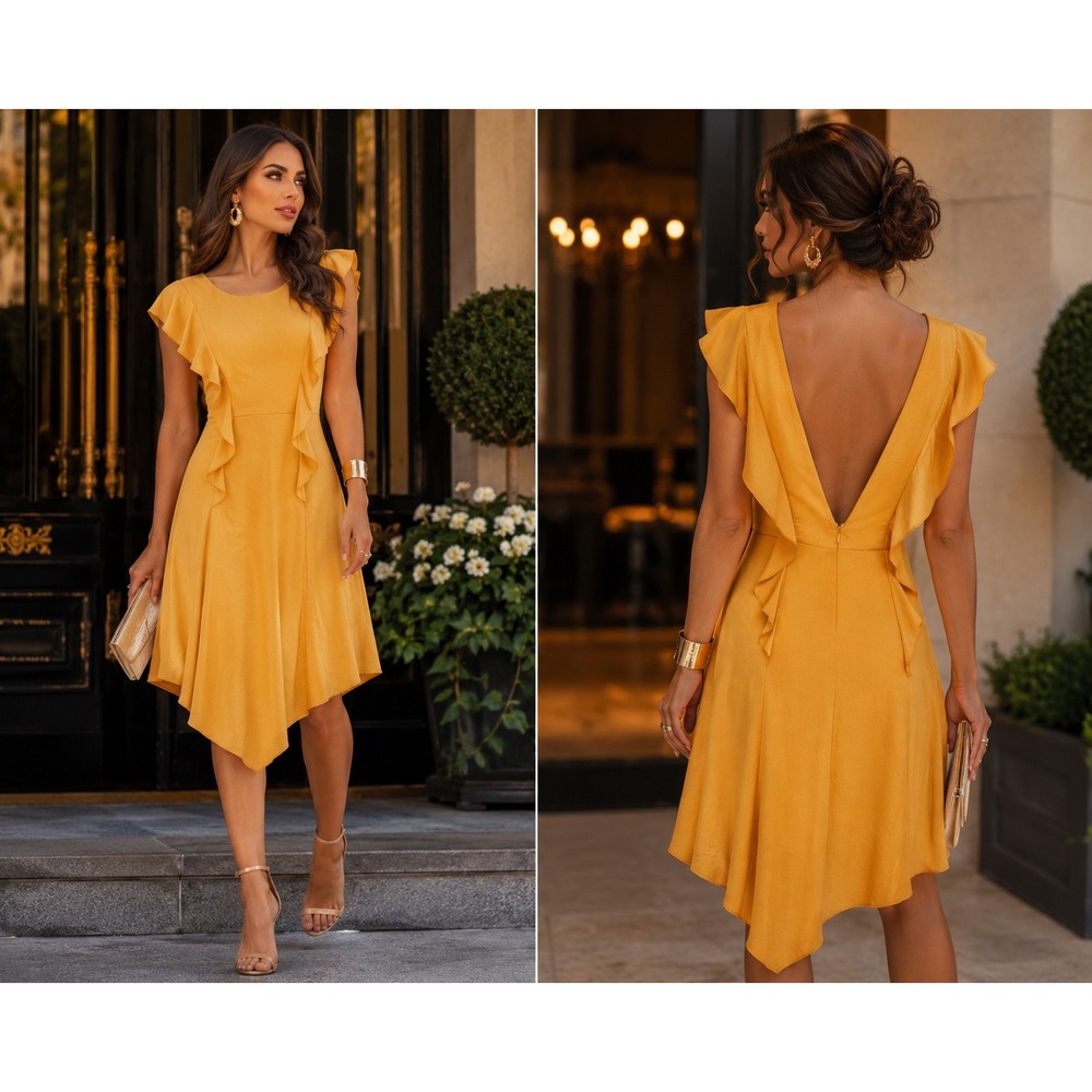BCBGeneration Mustard Yellow Ruffle Deep V-Back Handkerchief Hem Dress Size 8